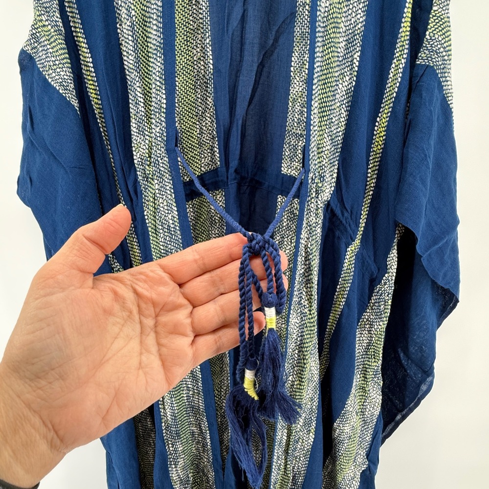 Free People Emerald Coast Blue Striped Kaftan Kimono Drawstring Tassel One Size - Picture 6 of 16